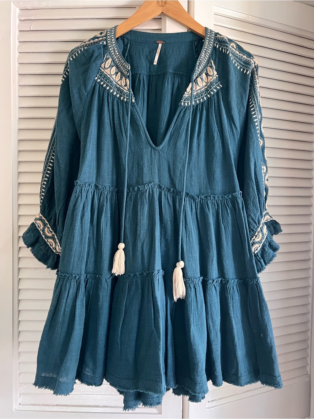 Free People Teal Blue Tiered Mini Dress with Ivory Embroidery